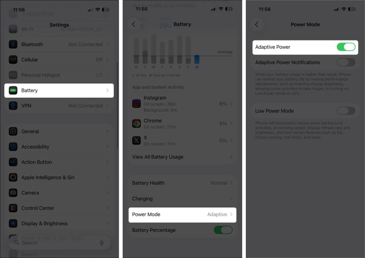 Toggle on adaptive power mode from iPhone settings