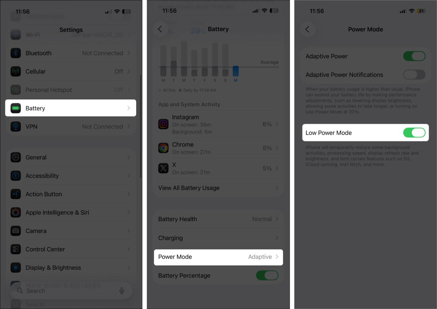 Toggle on low power mode from battery settings on iPhone