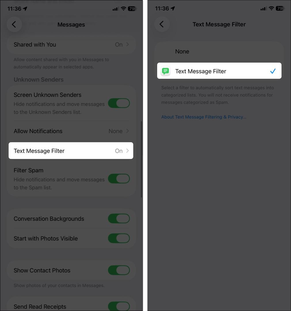 Toggle on text message filter in iPhone settings