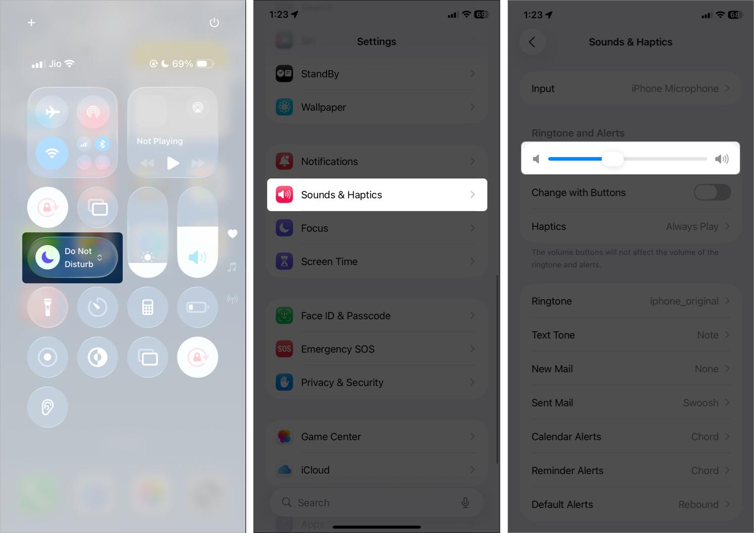 Turn off dnd from control center and adjust sound by ringtone slider