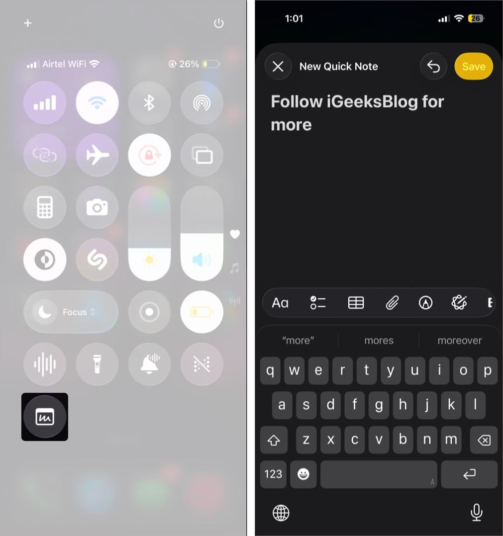 Open Control Center, tap the Quick Note icon, and tap Save at the top right.