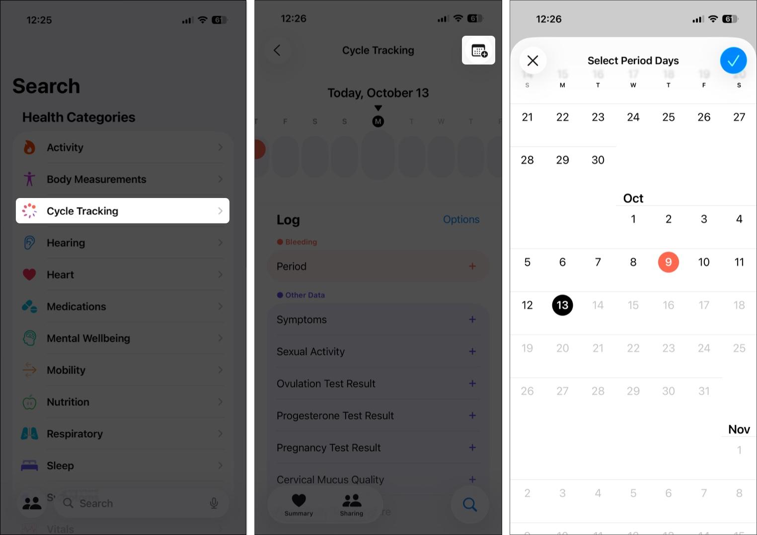 Adding a period in the Cycle Tracking feature on Health app