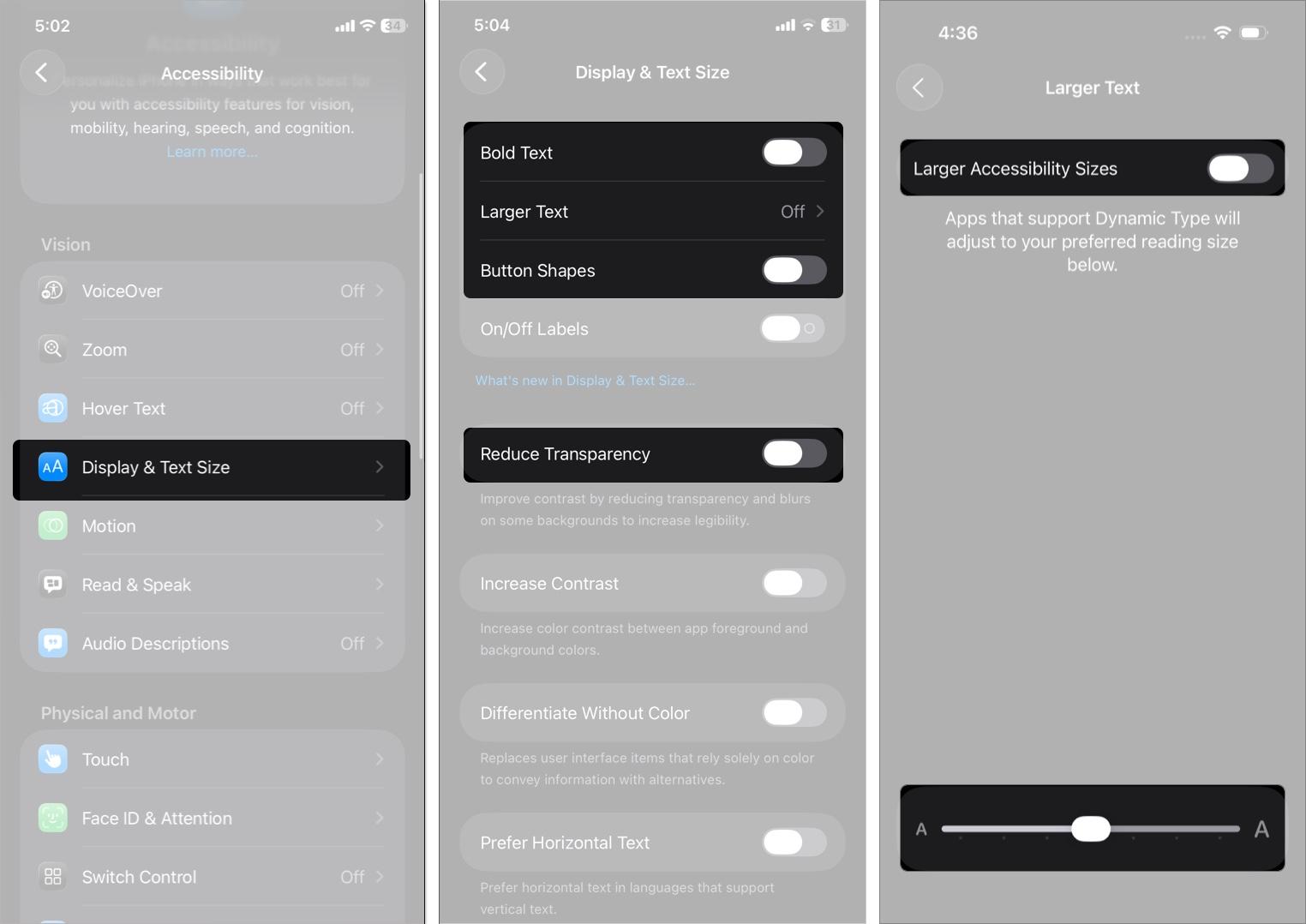 Adjust Text Size, Button Shapes in Accessibility from iPhone