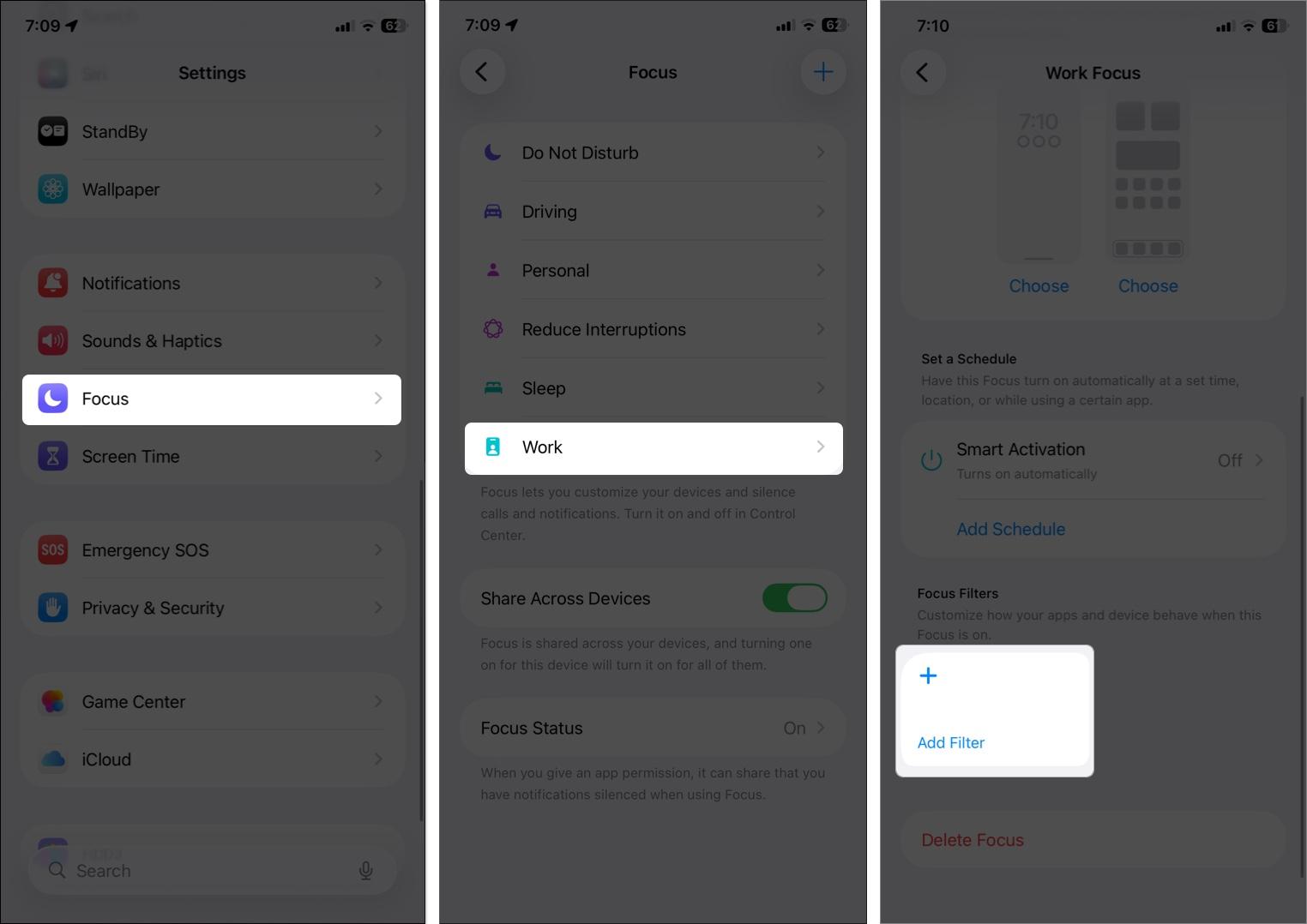 Open Settings > Focus and select a Focus mode.