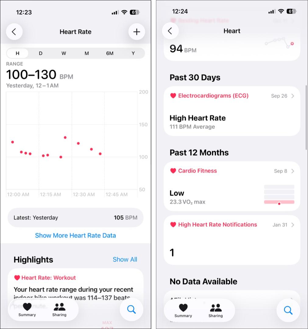 Checking heart rate details over days weeks and months in the Health app