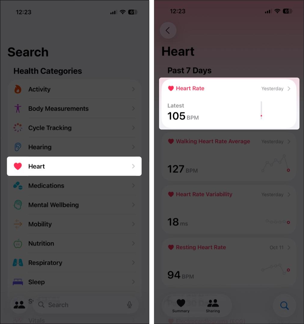 Checking heart rate in Health app