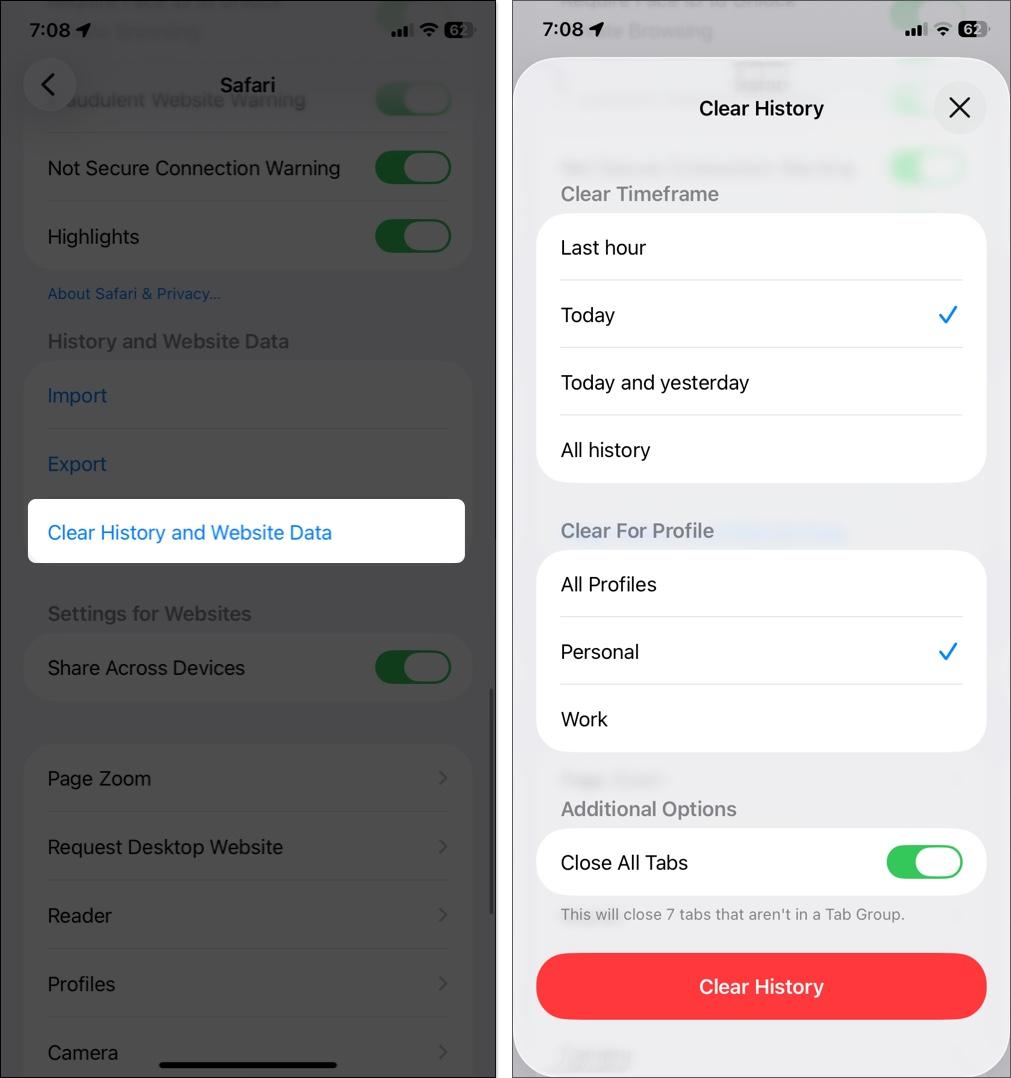 Tap on Clear History and Website Data, select a profile or All Profiles and Clear Timeframe and tap Clear History.