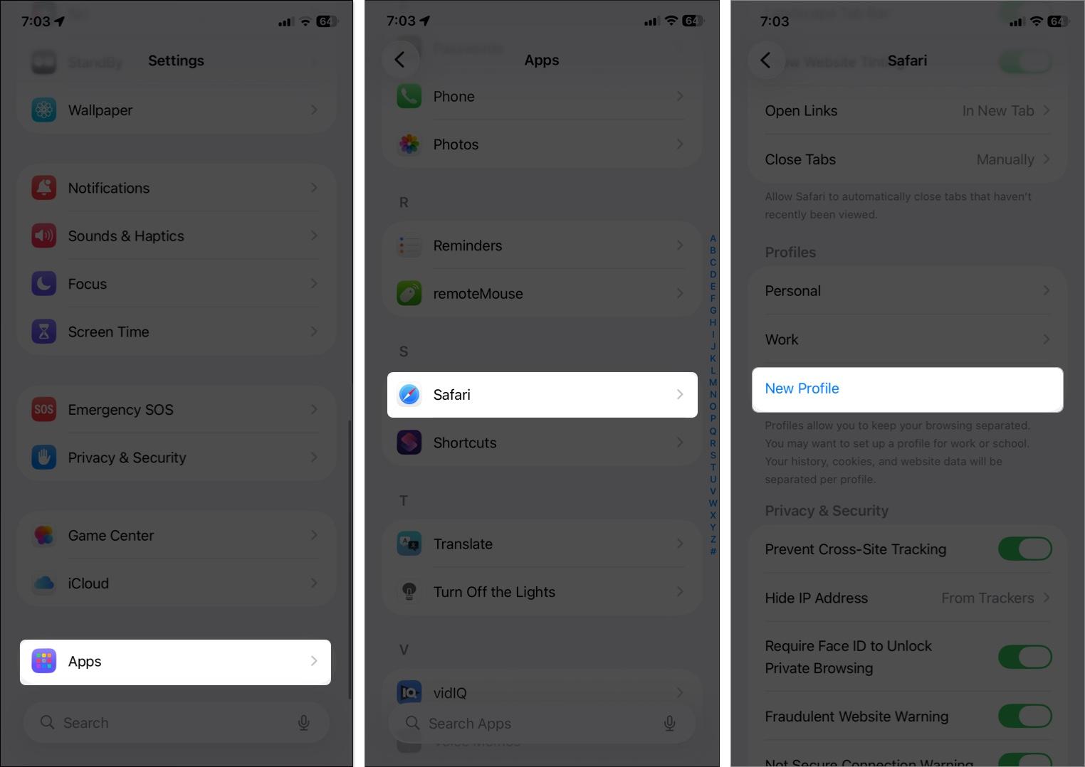 Open Settings, tap on Apps, select Safari and tap New Profile.
