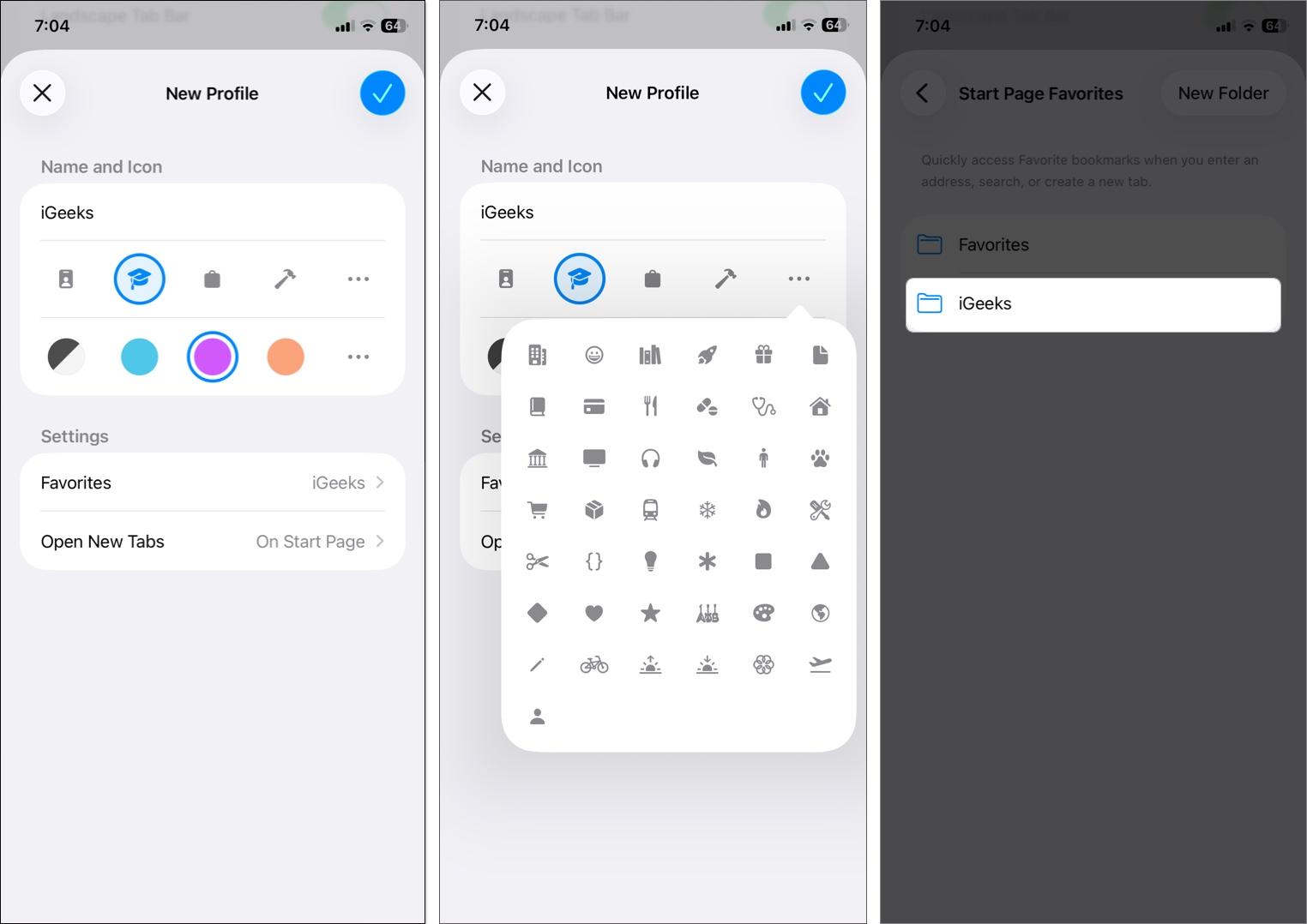 To customize your profile enter a name (e.g., "Work"), choose an icon and color. Tap the three-dot icon to access more options.