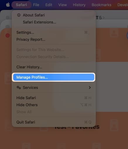 Open the Safari app, click Safari on the menu bar, and select Manage Profiles. 