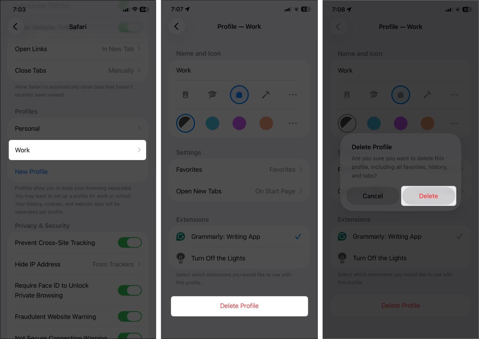 Tap Delete Profile at the bottom and select Delete to confirm.