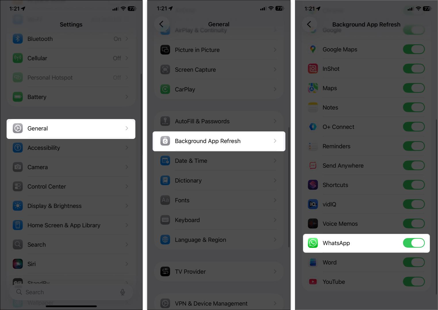 Ensure WhatsApp is toggled on in Background App Refresh