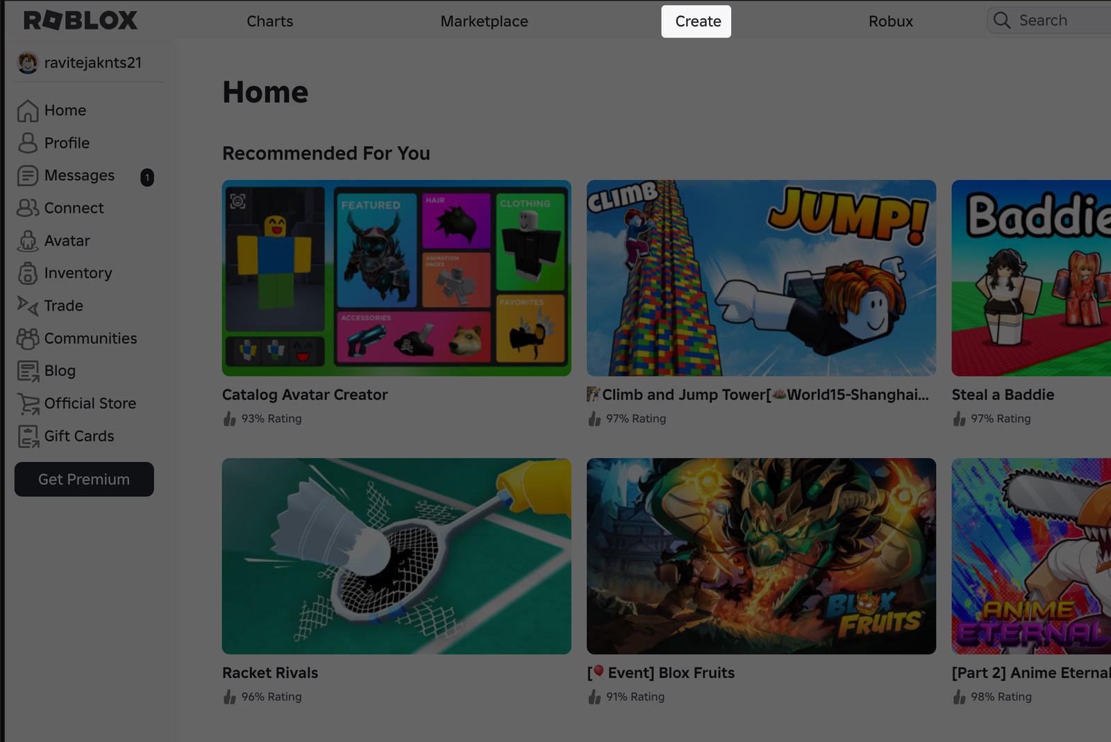 Log in to your Roblox account then click the create button