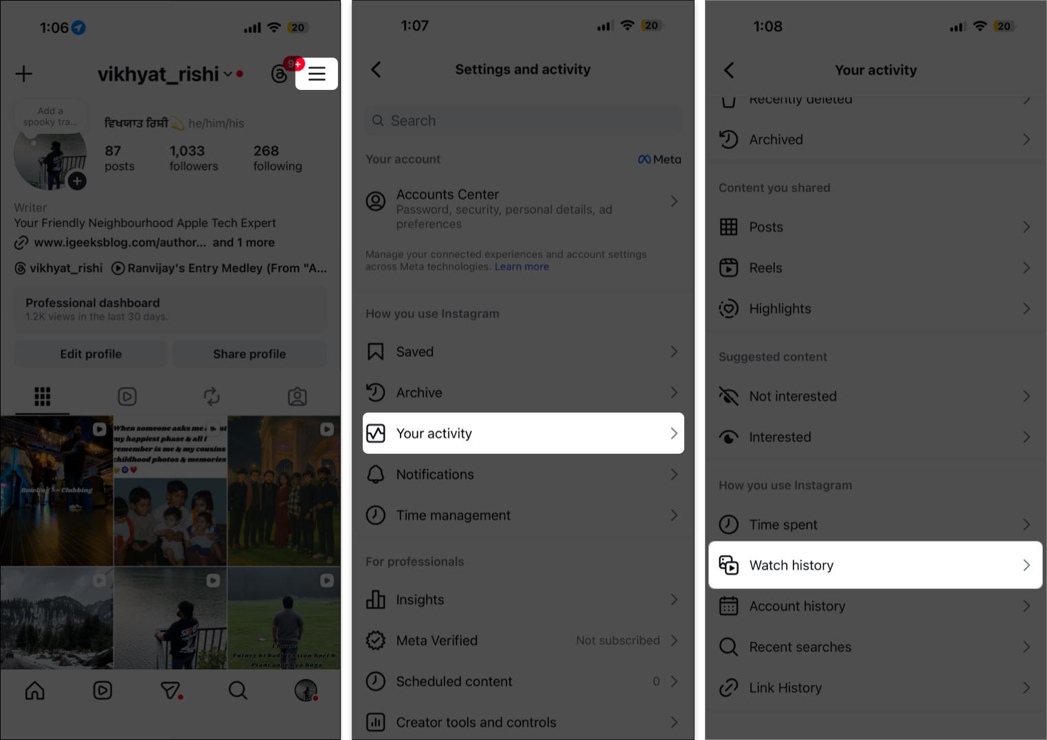 Open Instagram setting to access the watch history