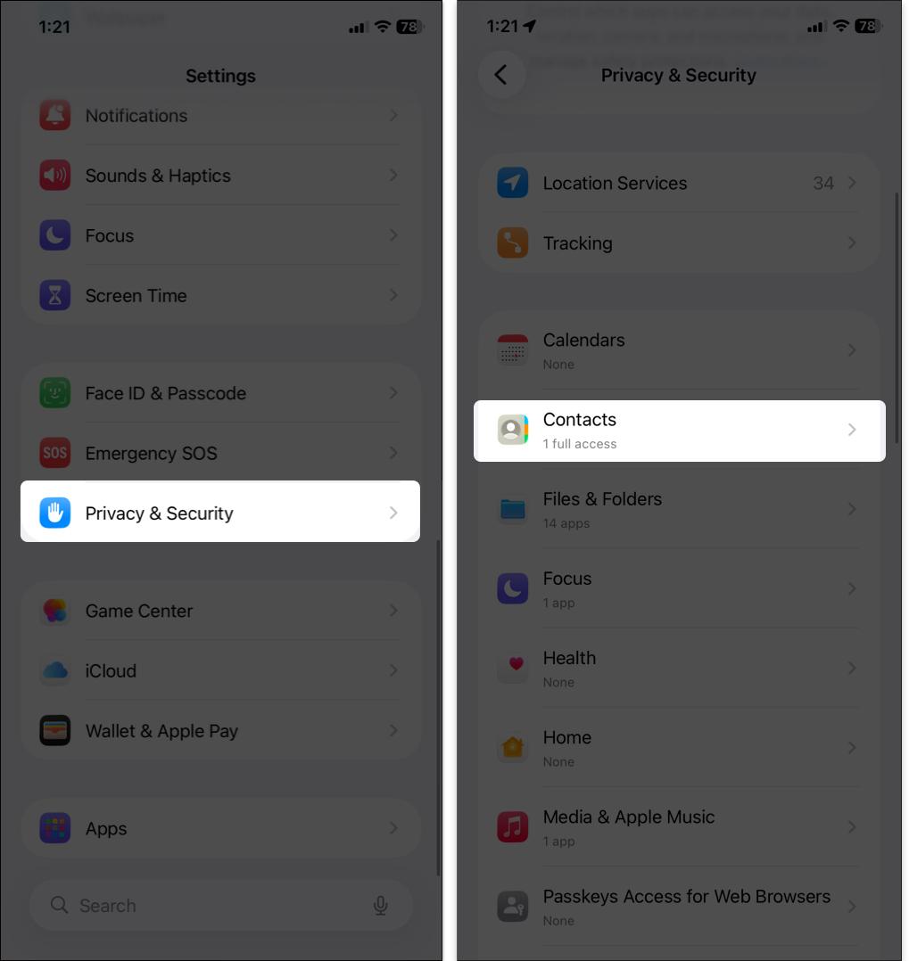 Open Settings > Privacy & Security > Contacts