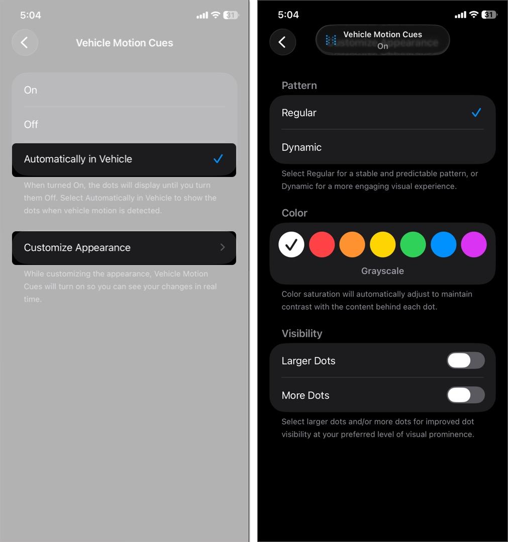 Select Automatically in Vehicle and Tap Customize Appearance
