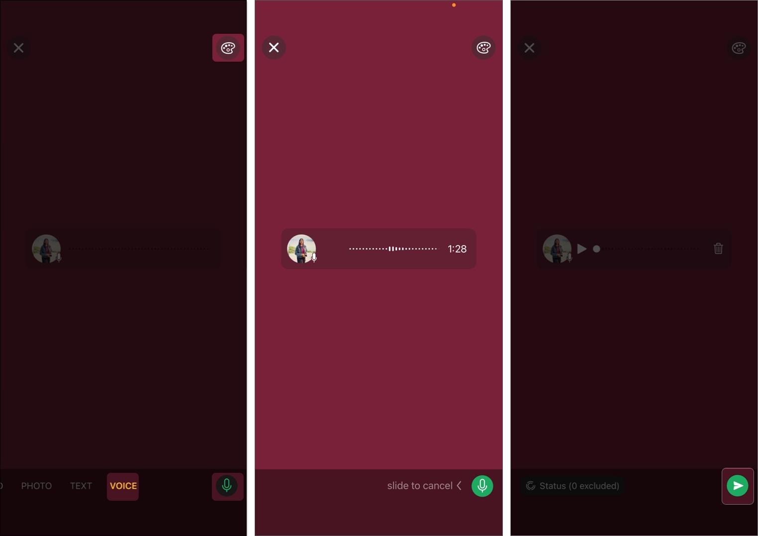 Select Voice above the keyboard and long-press the mic icon to record your audio