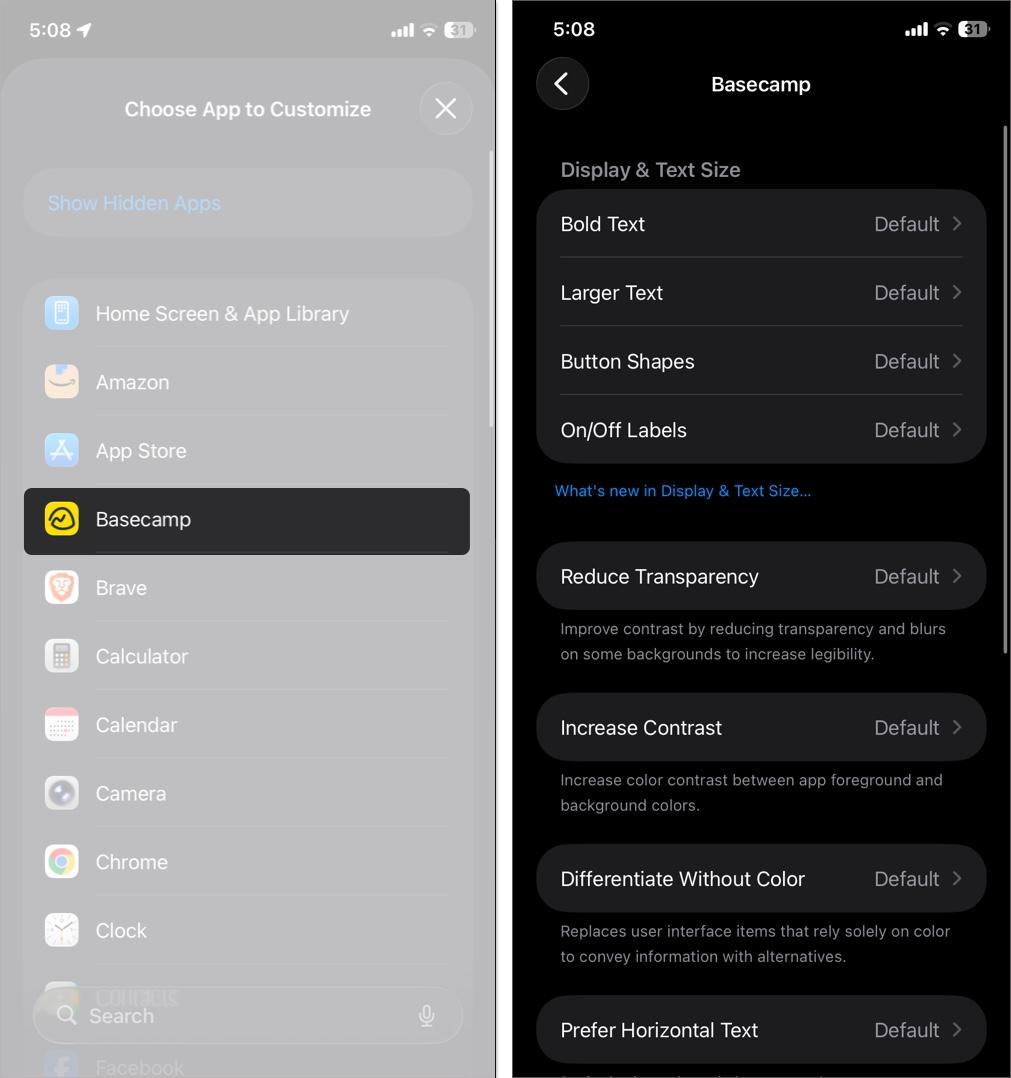 Select an app and adjust options