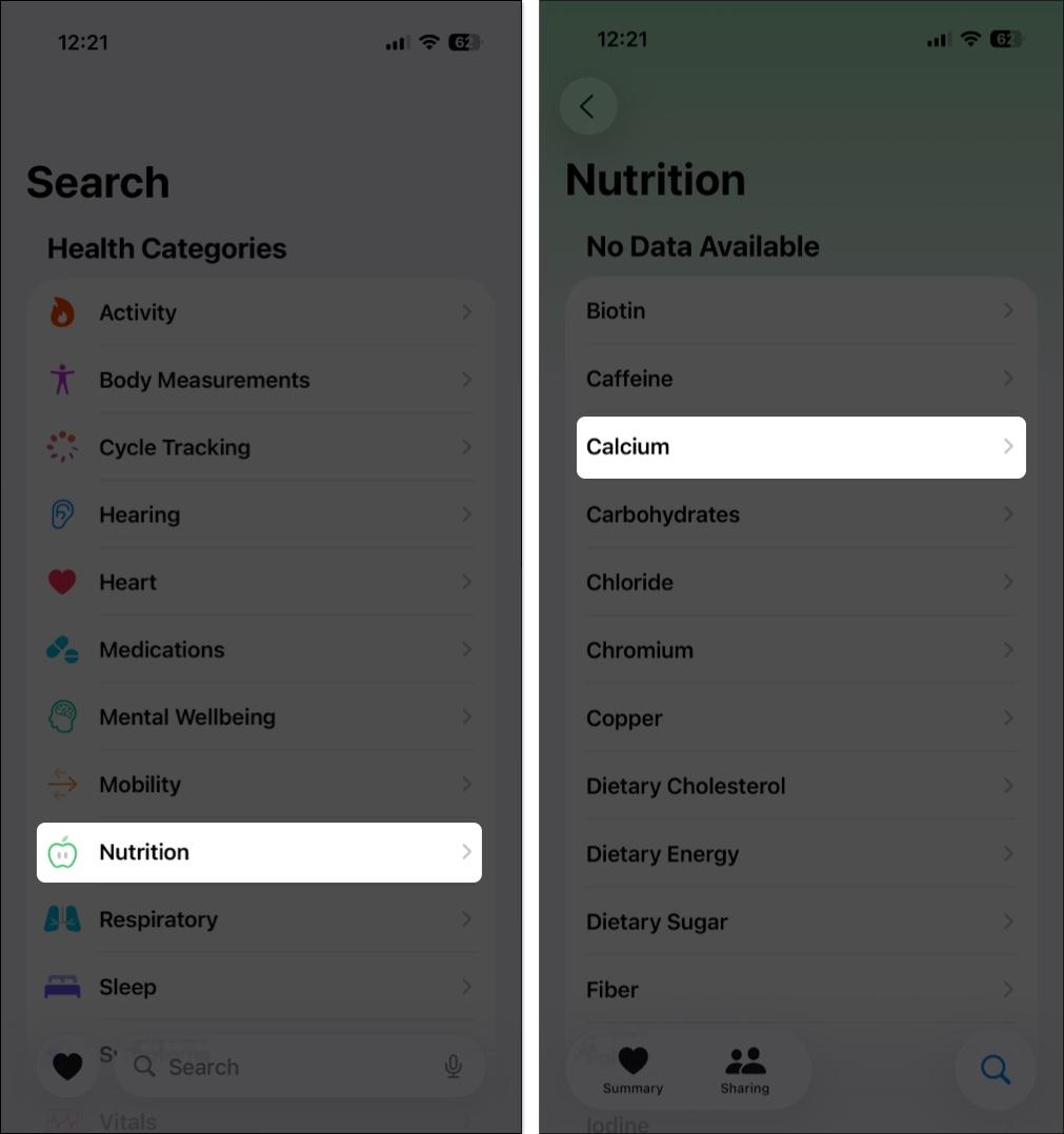 Select the nutrition you want to add data for