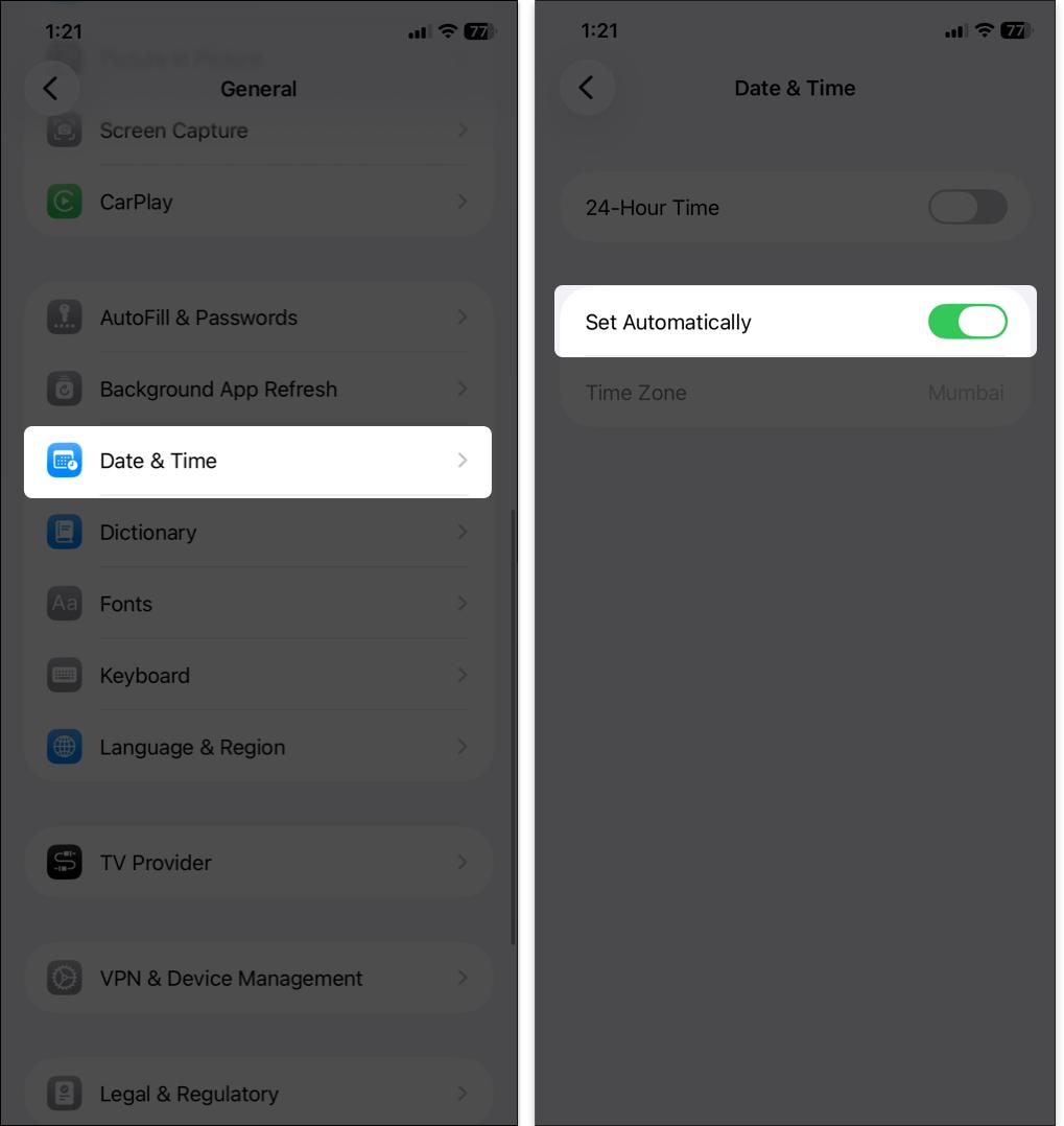 Tap Date Time and toggle on Set Automatically
