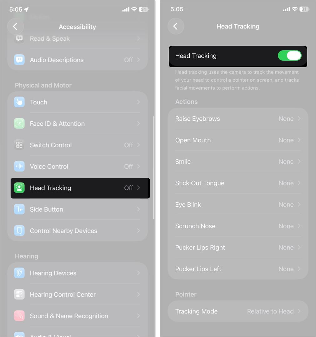 Toggle on Head Tracking