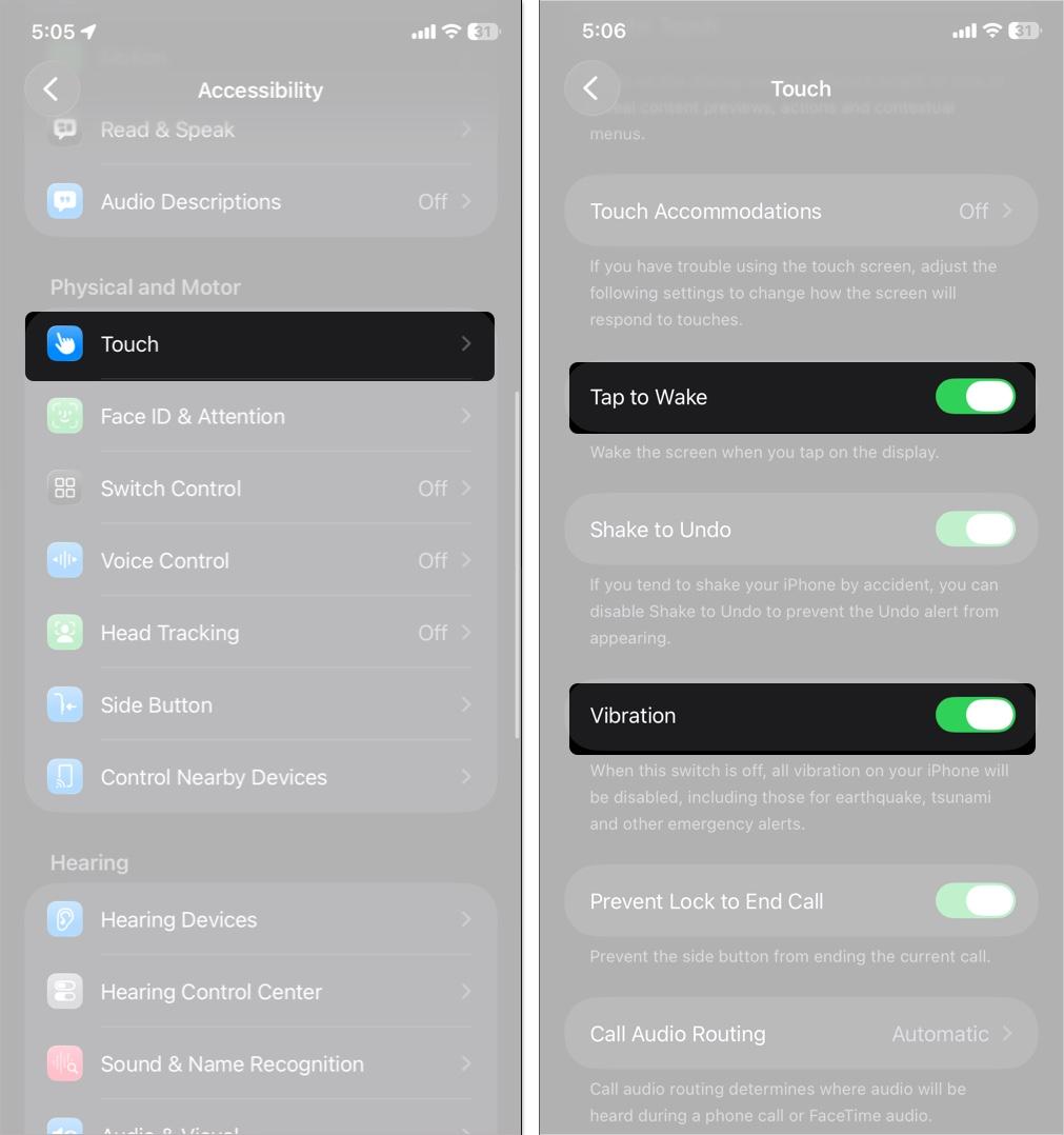 Toggle on the Tap to Wake and Vibration options