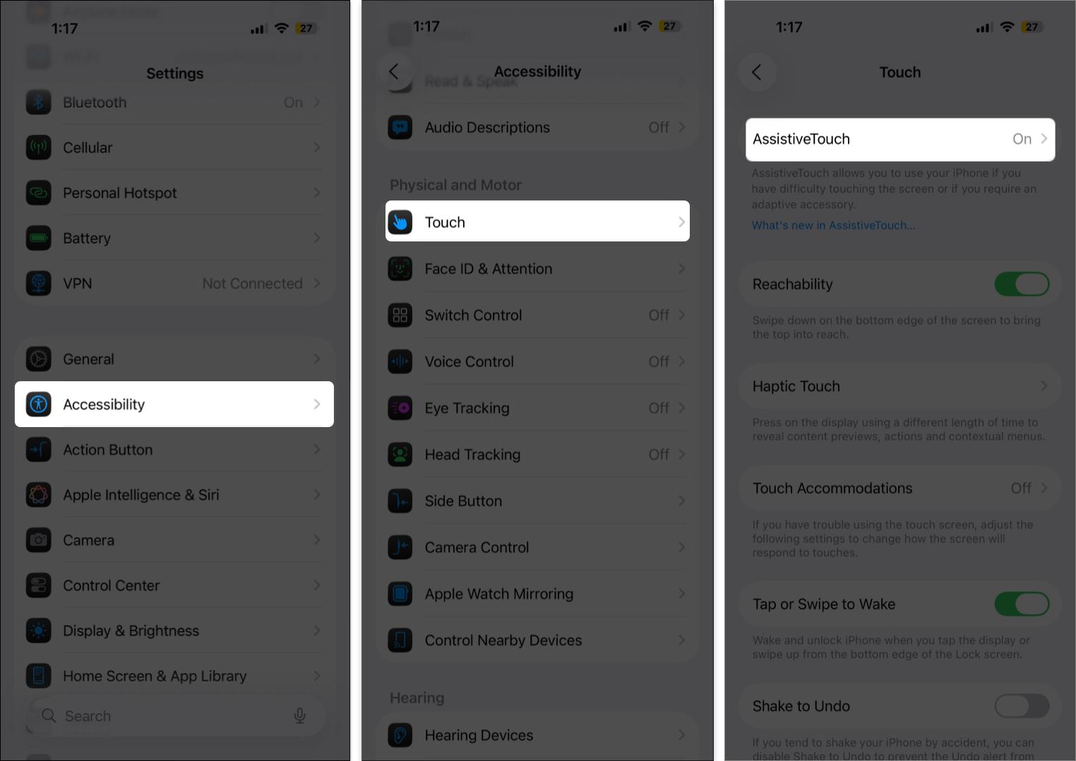 Access assistive touch settings