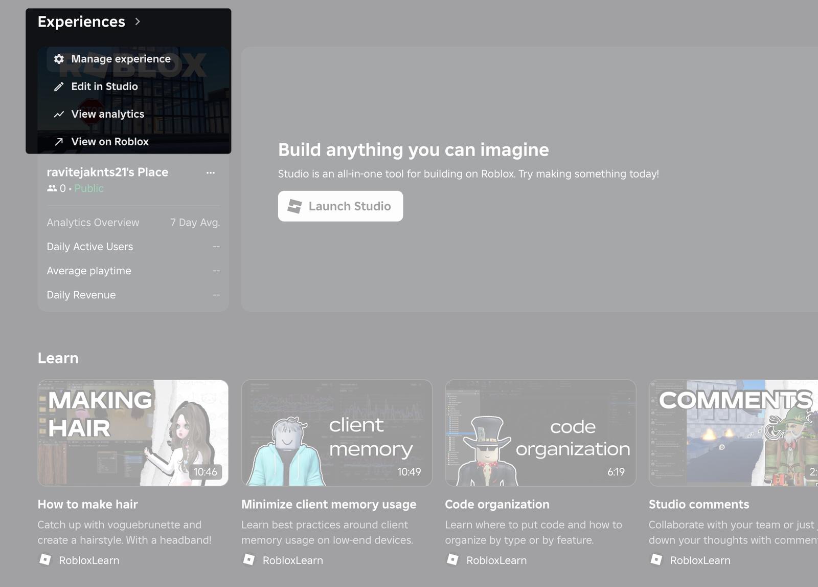 Choose the experience then click manage experience