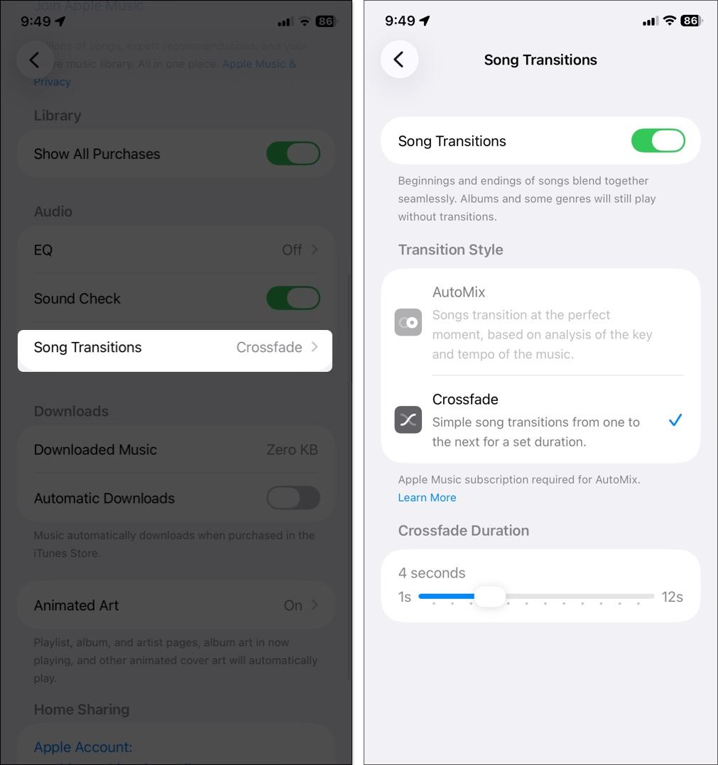 Customize crossfade on iPhone