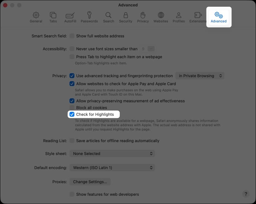 Enable check for highlights on the Mac