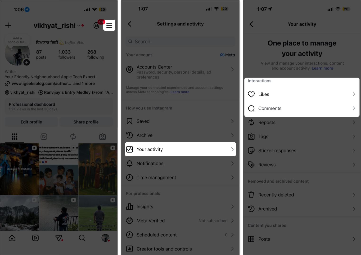 Open Instagram settings then tap on your activity tab