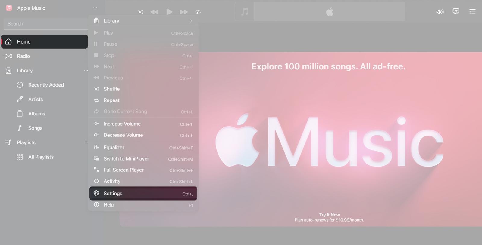 Click the three dots in the sidebar and select Settings. 
