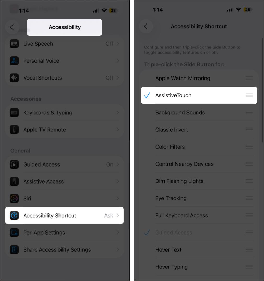 Select assistive touch from accessibility shortcut
