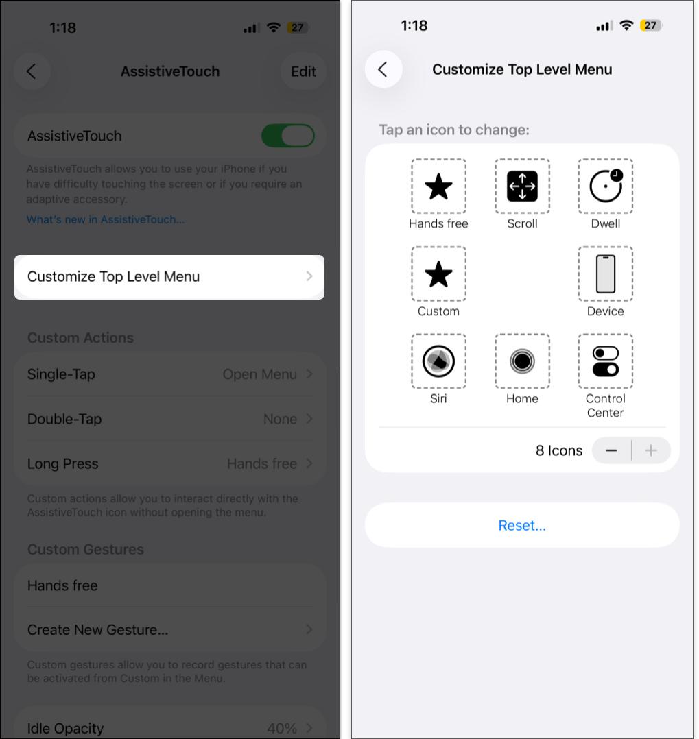 Tap customize top level menu