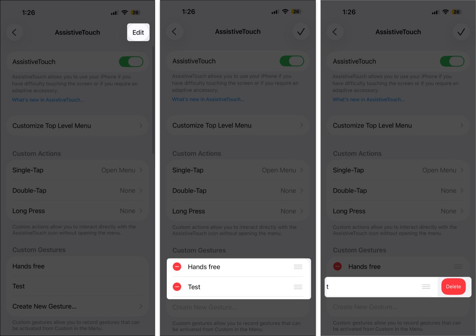 Tap edit to delete new gesture