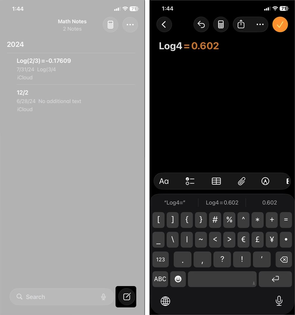 Tap on notes icon then enter equal sign