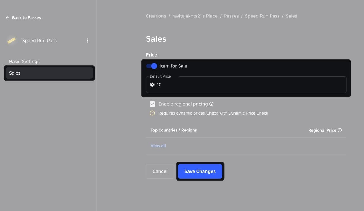 Toggle on Item for sale then set price and save changes