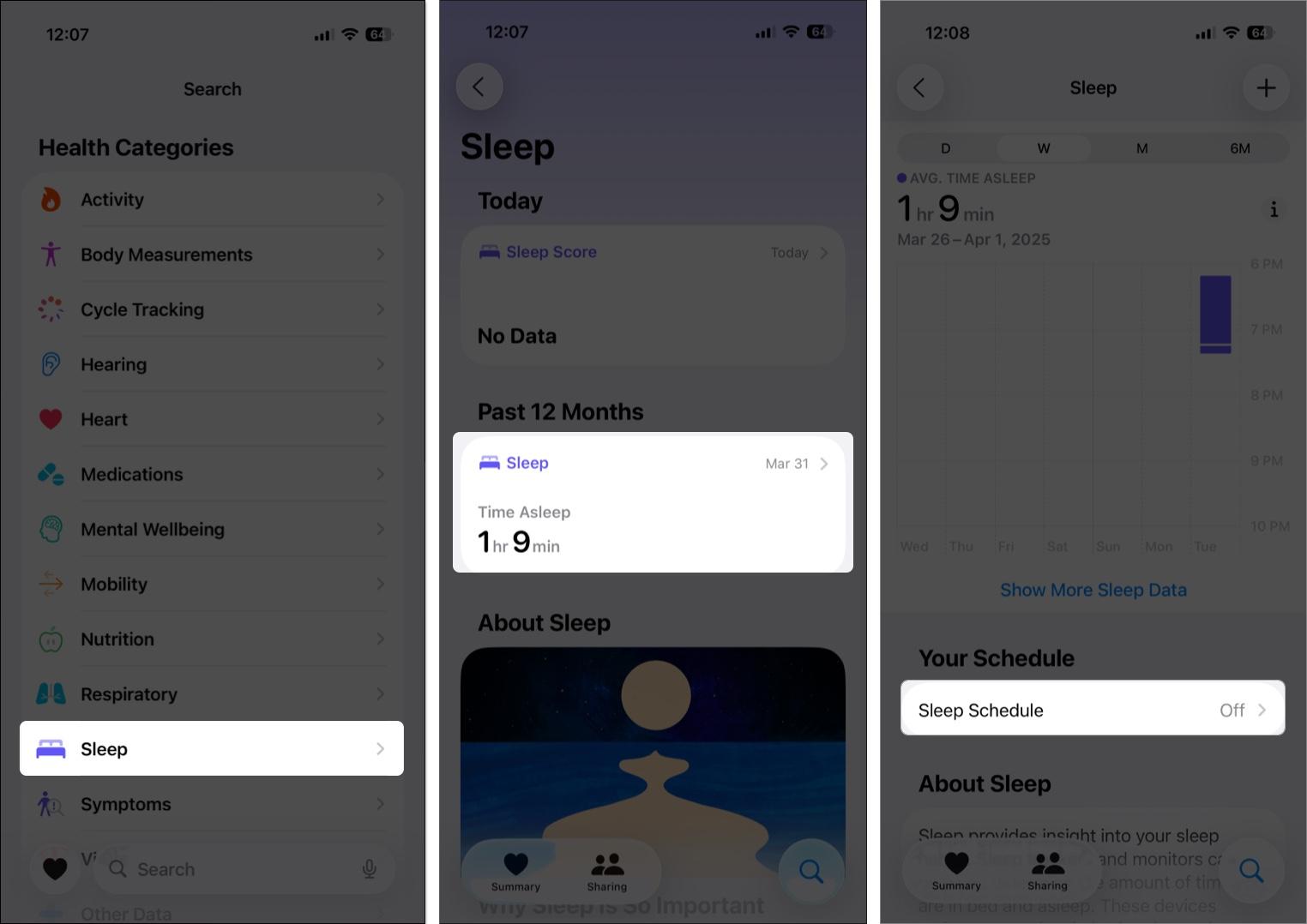 toggle on Sleep Schedule in health app