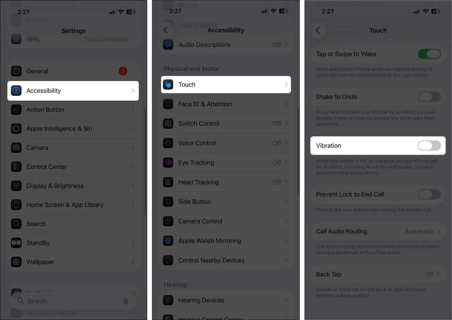 Turn off all vibrations from iPhone settings