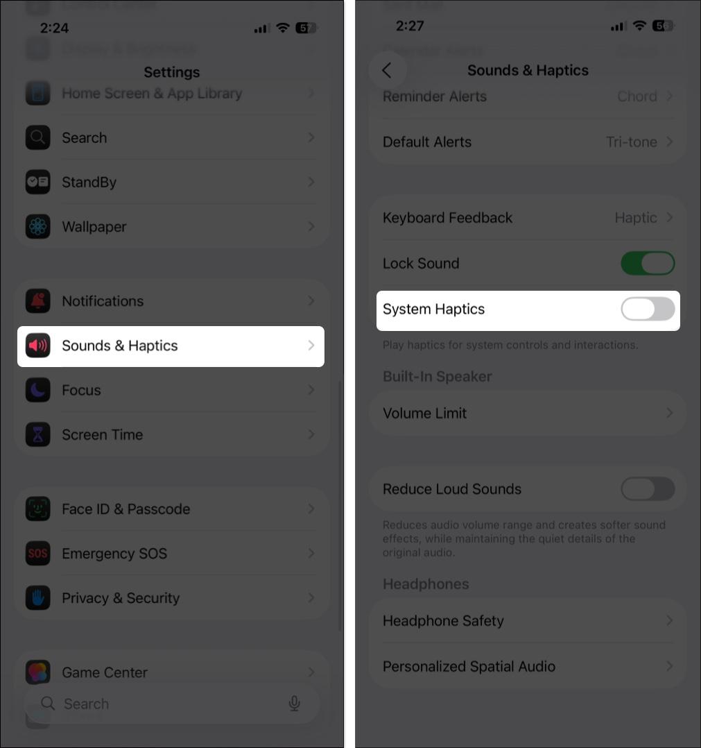 Turn off system haptics from iPhone settings