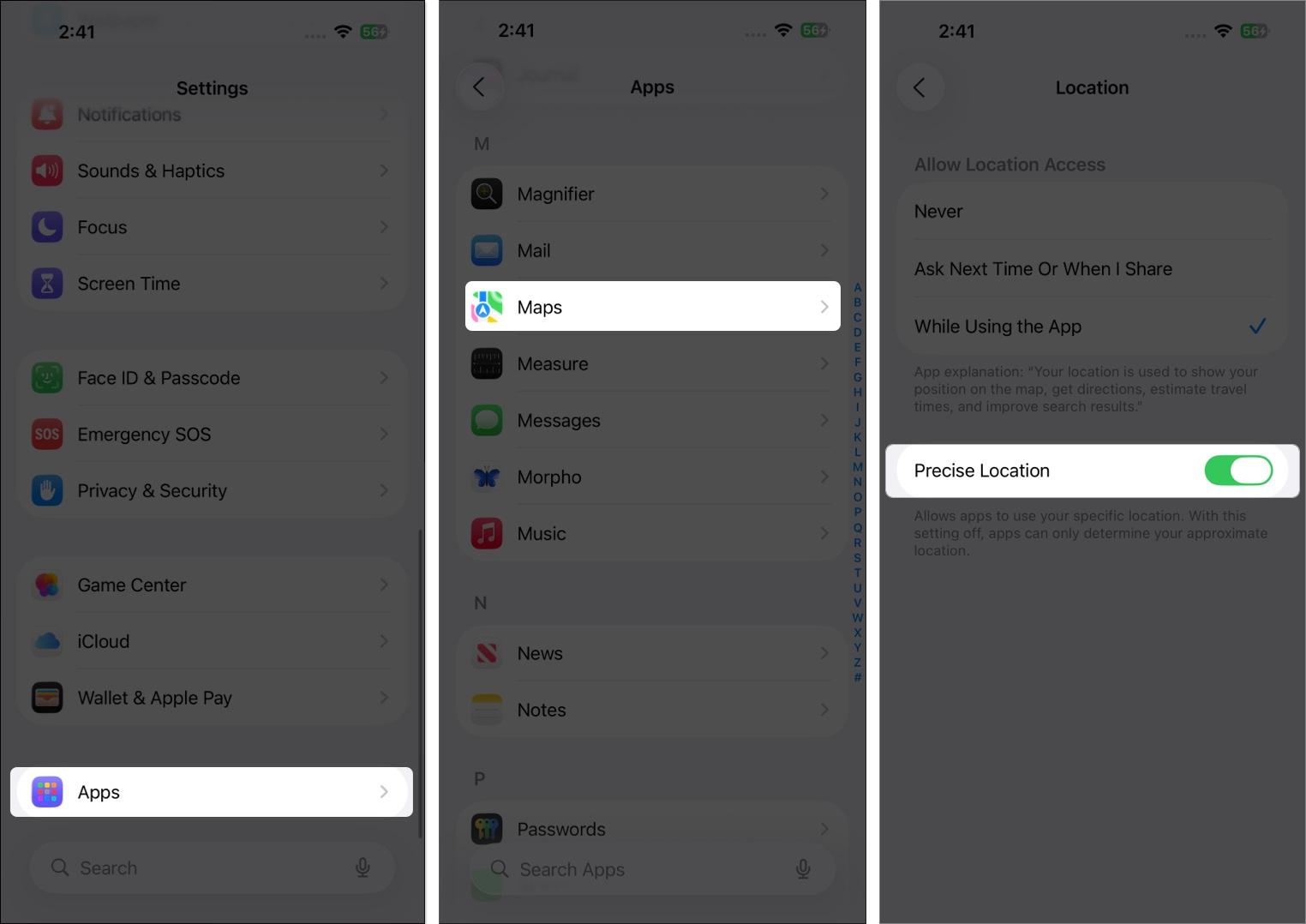 Turn on precise location from iPhone settings