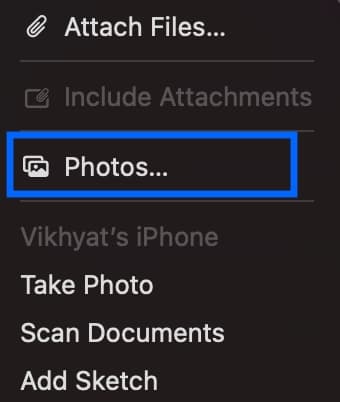 Choose Attach Files or Photos in Mac Mail App