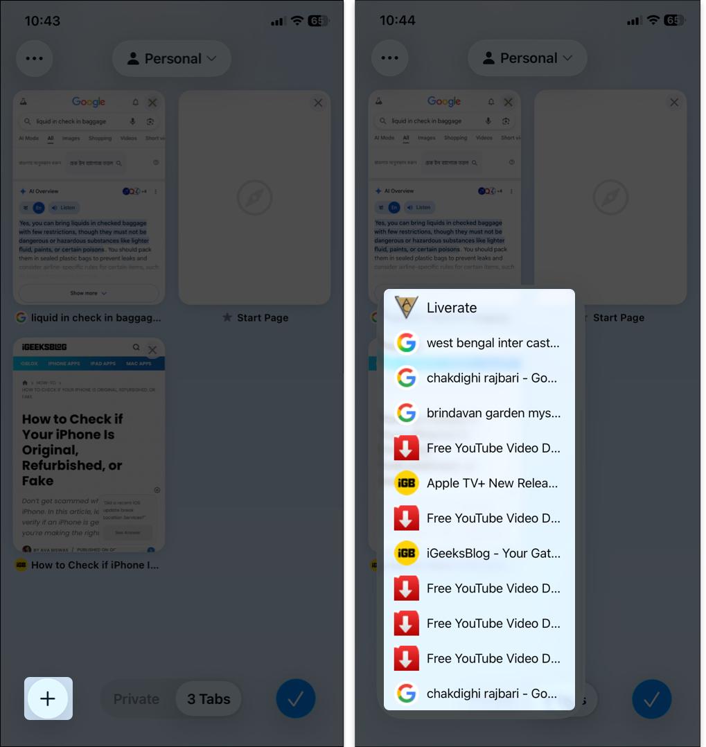 Tap and hold the plus icon to view recently closed tabs