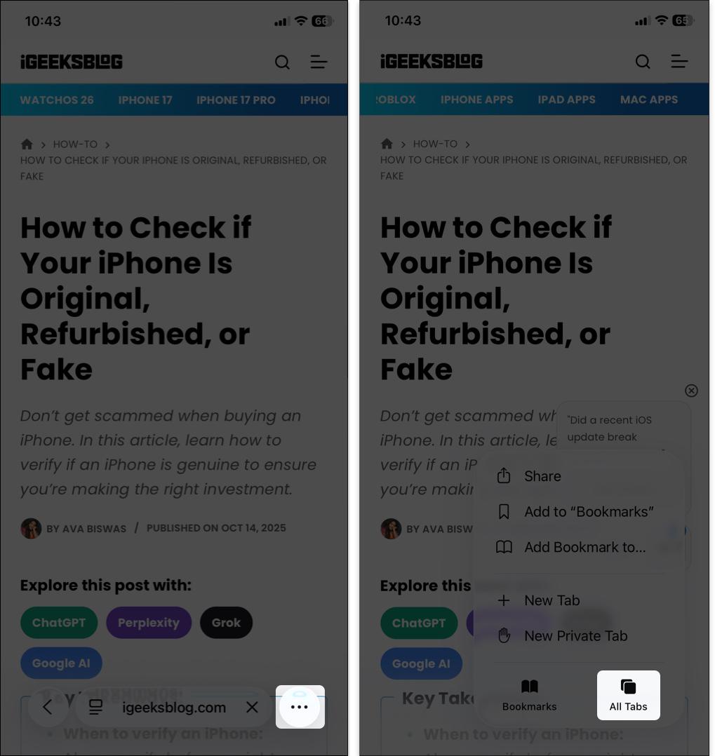 Tap the three-dot icon and then tap All Tabs