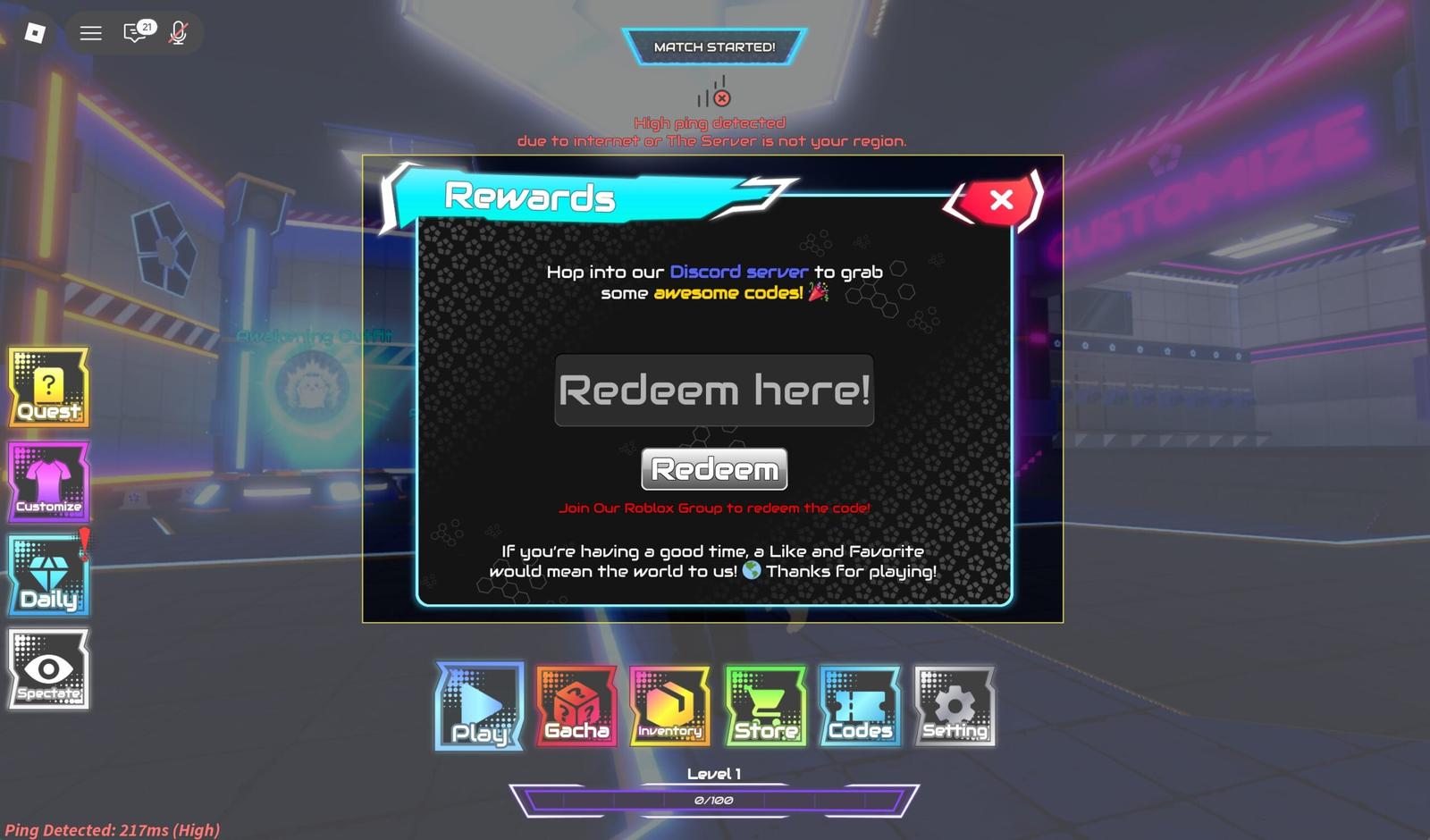 Type any working code and Press Redeem