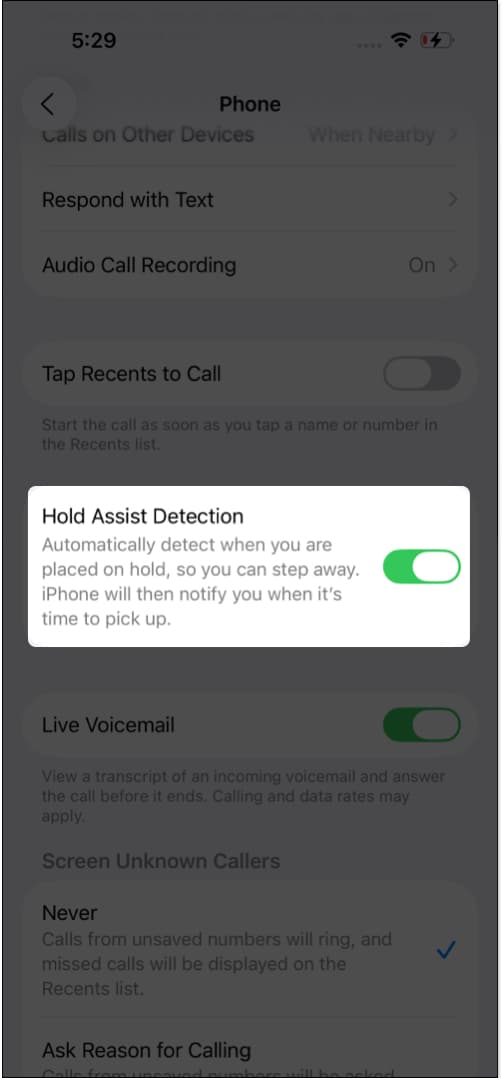 Enable hold assist detection