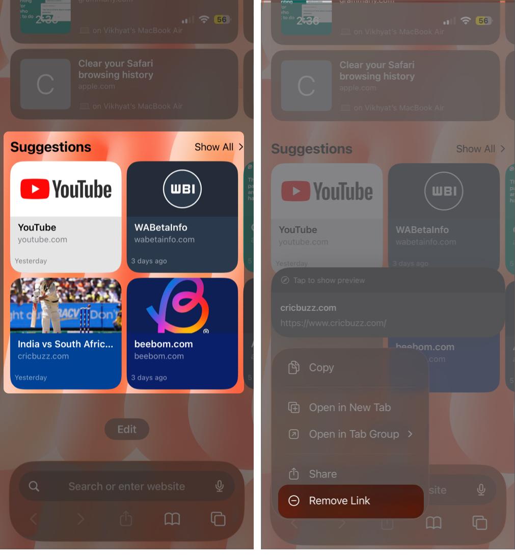 Scroll to Suggestions, tap and hold the website thumbnail, and select Remove Link.