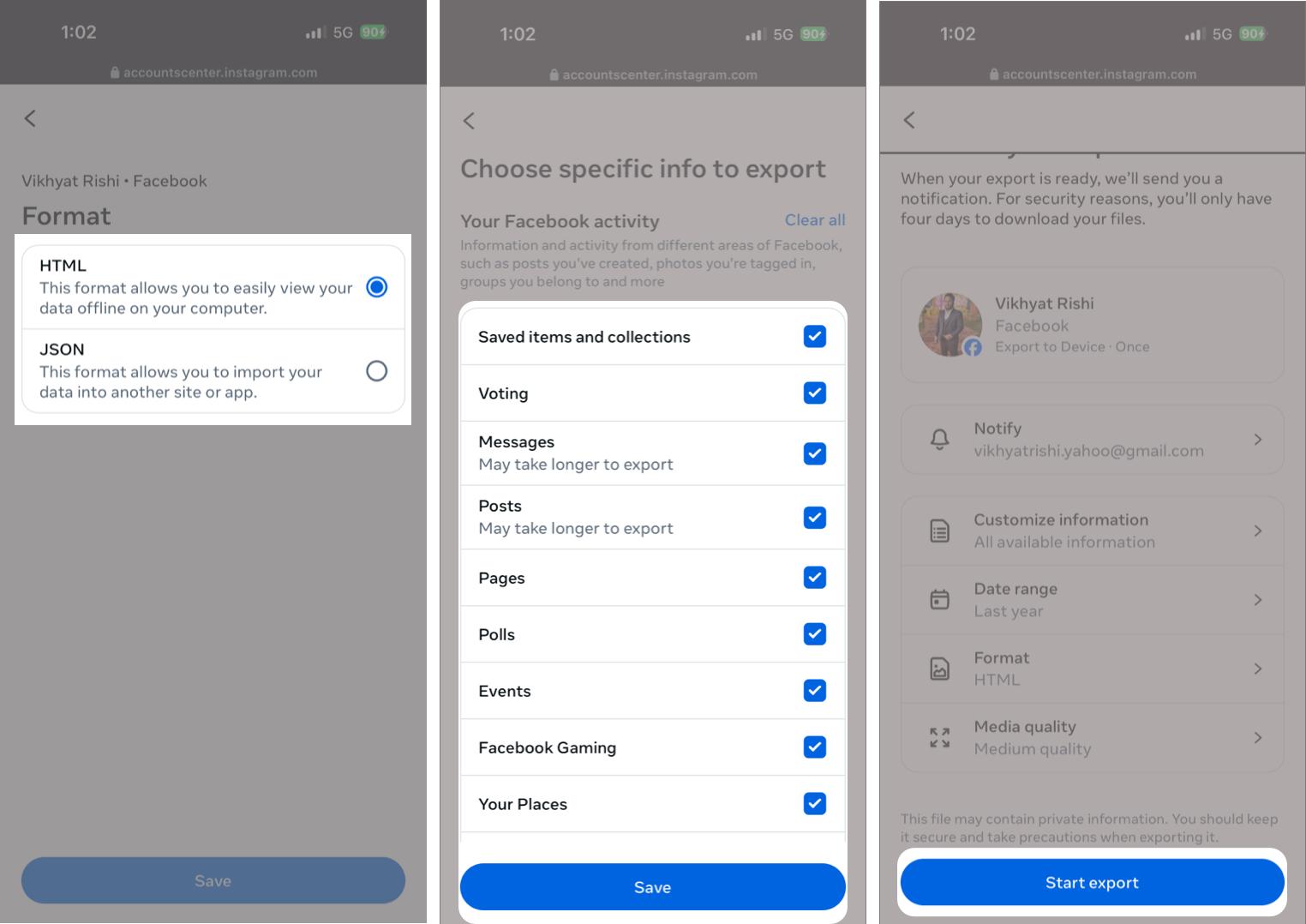 Choose your export options, tap Start Export, and enter your password.