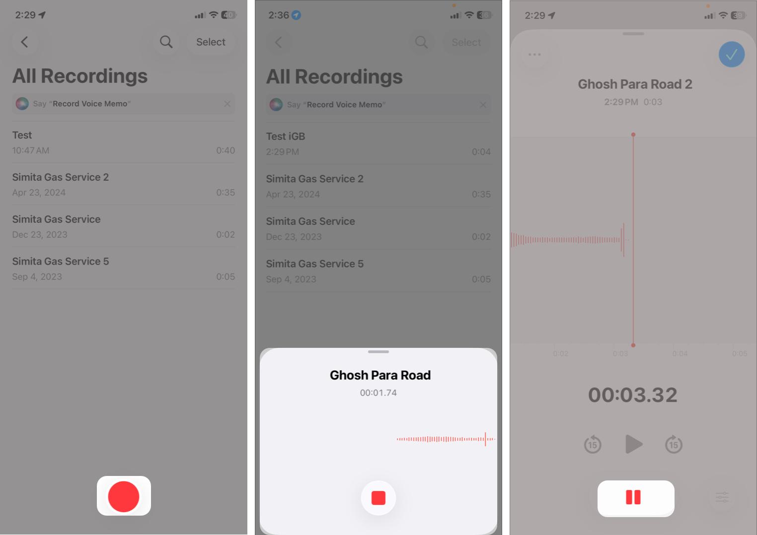 Open Voice Memos, tap the red Record button, speak clearly, and tap the red stop button when finished.