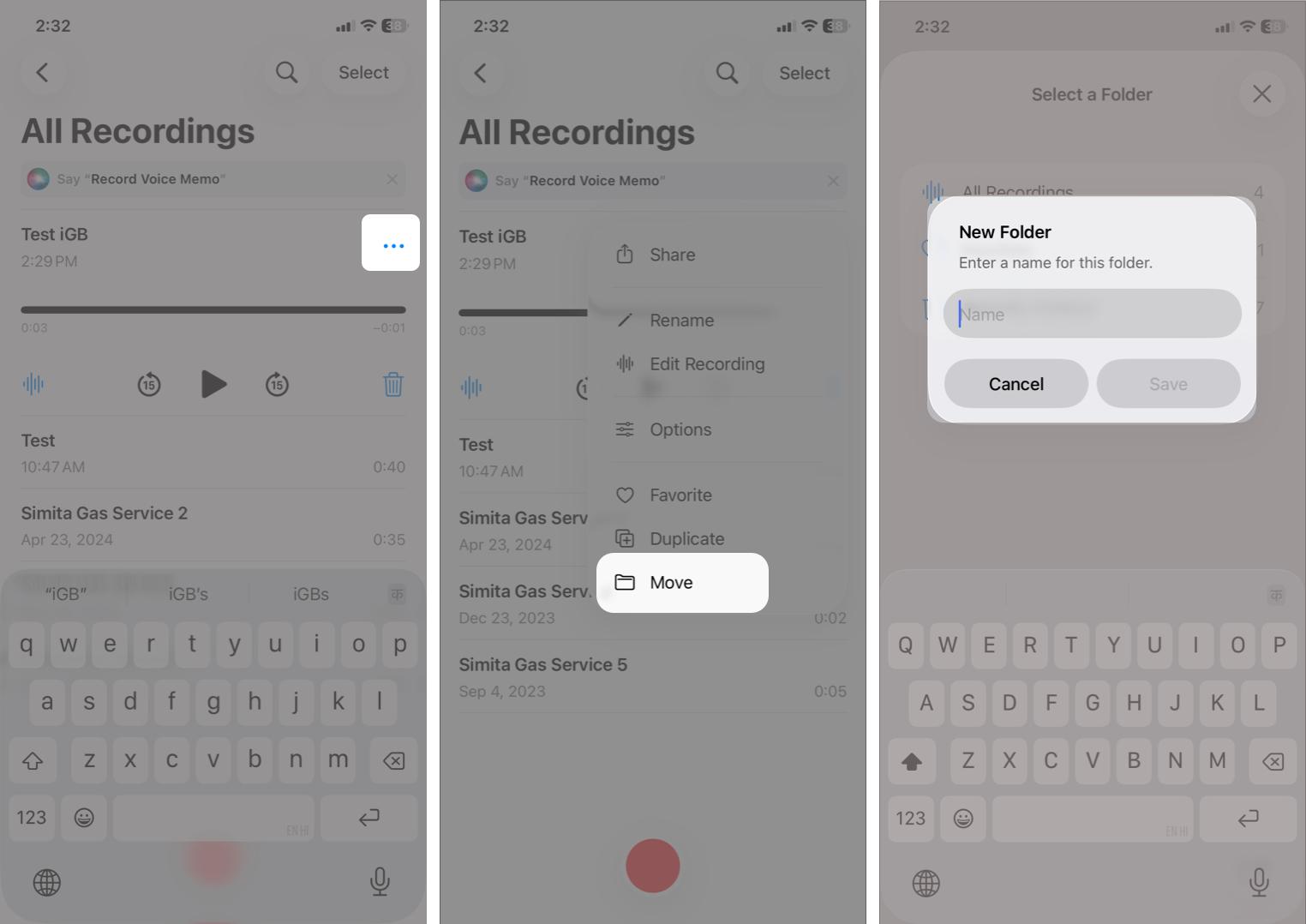 Select a voice memo, tap the three-dot icon, tap Move, and then tap Save to create and move it to a new folder